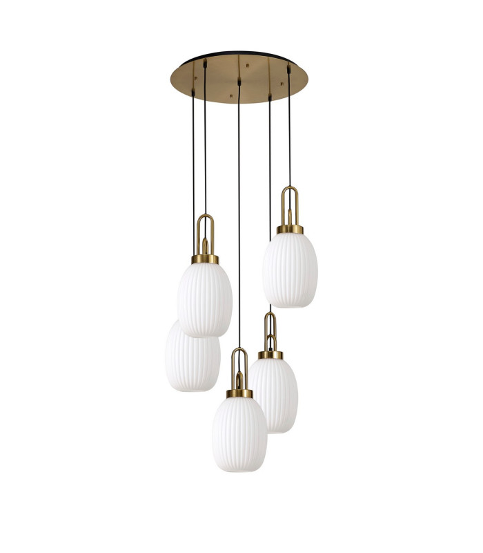 Yorktown 65cm Round 5 Light Pendant 20cm Almond Ribbed Glass Brass Gold/Matt Black Opal-4