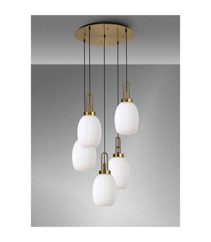 Yorktown 65cm Round 5 Light Pendant 20cm Almond Ribbed Glass Brass Gold/Matt Black Opal-9