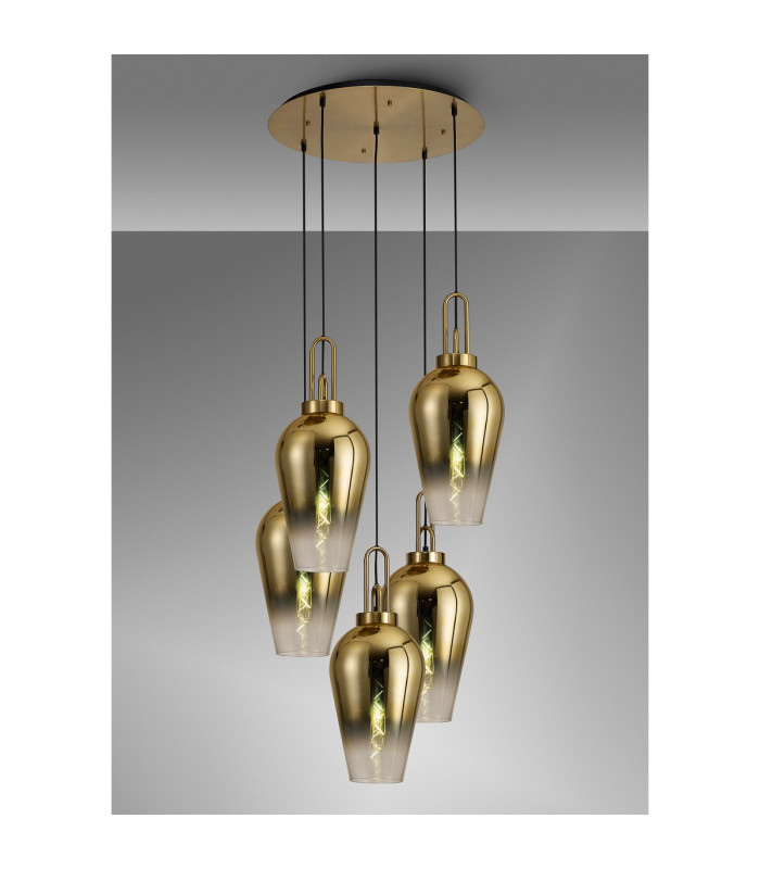 Yorktown 78cm Round 5 Light Pendant 23cm Pear Glass Brass Gold/Matt Black Brass Gold/Clear-3