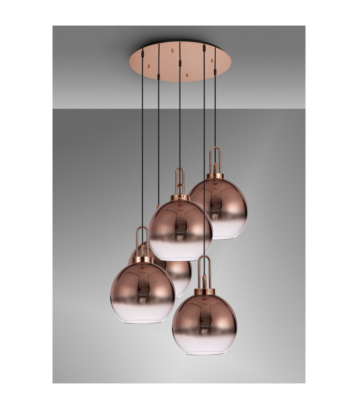 Yorktown 75cm Round 5 Light Pendant 30cm Globe Glass Copper/Matt Black Copper/Clear-11