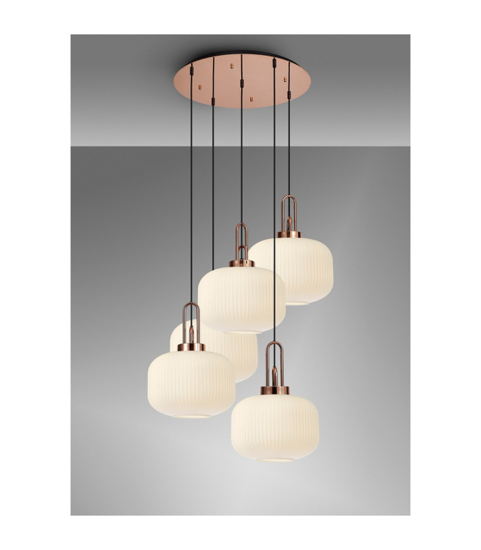 Yorktown 75cm 2.5m Round Pendant 5 x E27 Copper/Matt Black 30cm Pumpkin Shaped Ribbed Opal Glass-3