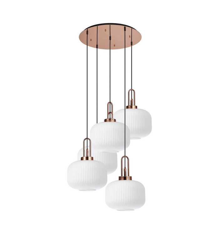 Yorktown 75cm 2.5m Round Pendant 5 x E27 Copper/Matt Black 30cm Pumpkin Shaped Ribbed Opal Glass-4