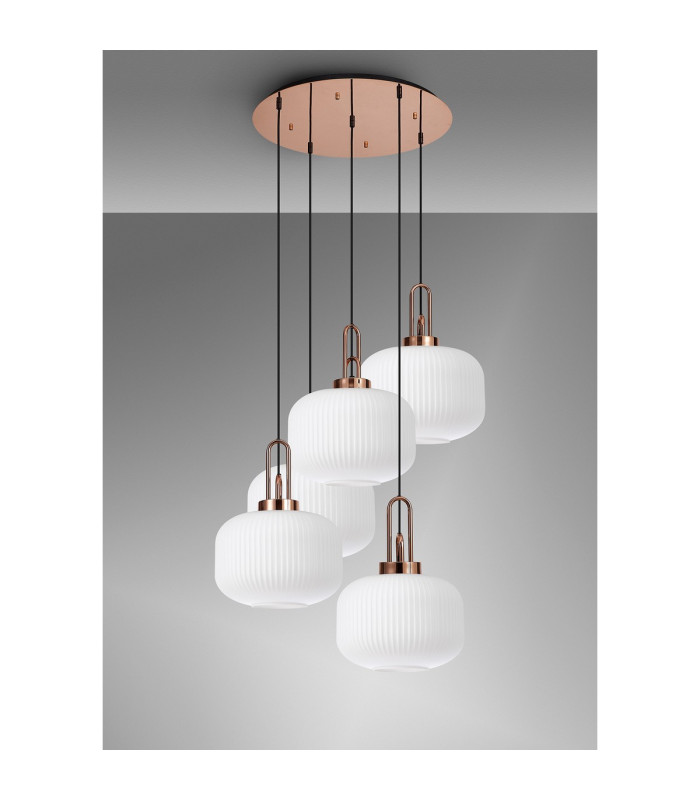 Yorktown 75cm 2.5m Round Pendant 5 x E27 Copper/Matt Black 30cm Pumpkin Shaped Ribbed Opal Glass-10