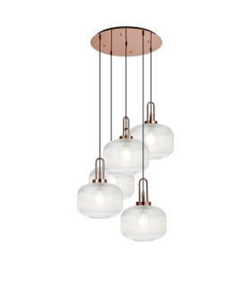 Yorktown 75cm 2.5m Round Pendant 5 x E27 Copper/Matt Black 30cm Pumpkin Shaped Ribbed Clear Glass-1
