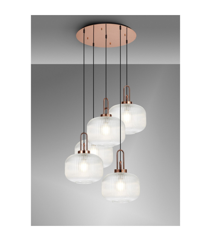 Yorktown 75cm 2.5m Round Pendant 5 x E27 Copper/Matt Black 30cm Pumpkin Shaped Ribbed Clear Glass-3