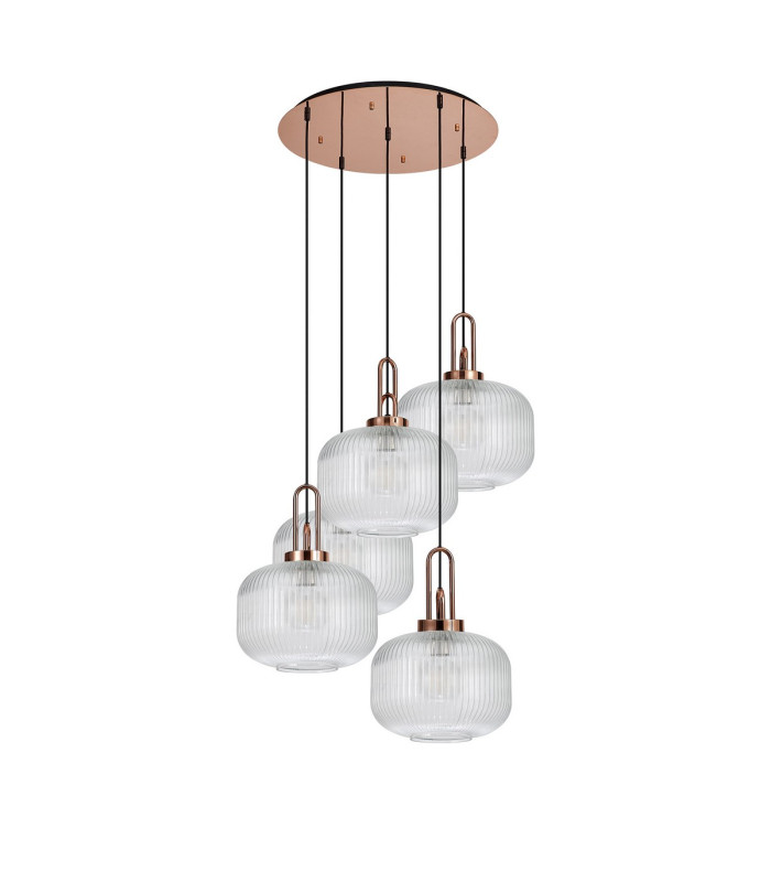 Yorktown 75cm 2.5m Round Pendant 5 x E27 Copper/Matt Black 30cm Pumpkin Shaped Ribbed Clear Glass-4