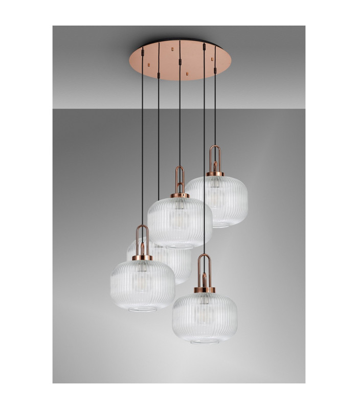 Yorktown 75cm 2.5m Round Pendant 5 x E27 Copper/Matt Black 30cm Pumpkin Shaped Ribbed Clear Glass-10