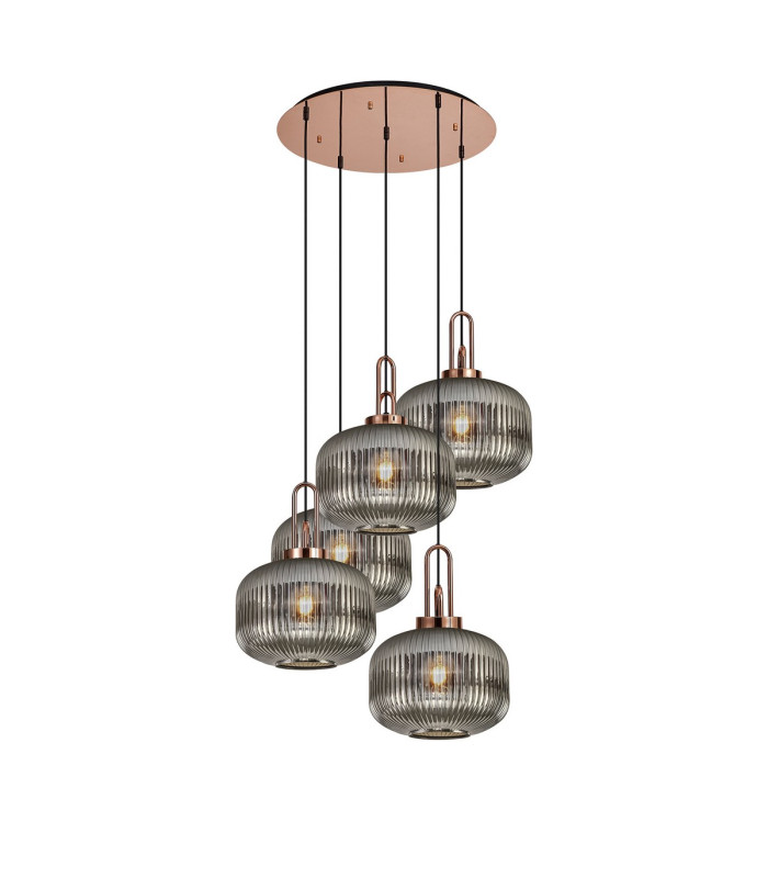 Yorktown 75cm 2.5m Round Pendant 5 x E27 Copper/Matt Black 30cm Pumpkin Shaped Ribbed Smoked Glass-1