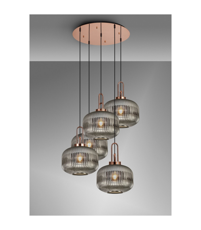 Yorktown 75cm 2.5m Round Pendant 5 x E27 Copper/Matt Black 30cm Pumpkin Shaped Ribbed Smoked Glass-3