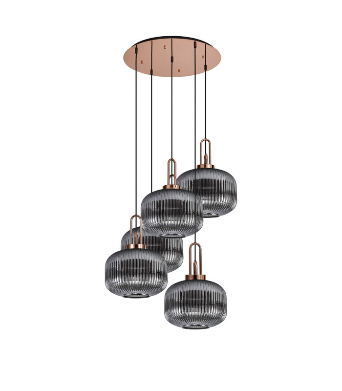 Yorktown 75cm 2.5m Round Pendant 5 x E27 Copper/Matt Black 30cm Pumpkin Shaped Ribbed Smoked Glass-4