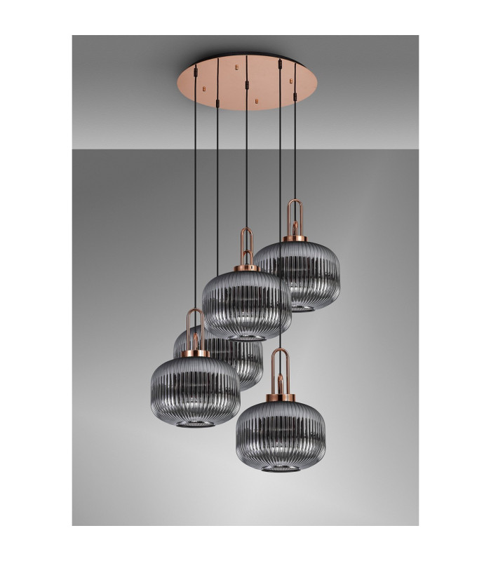 Yorktown 75cm 2.5m Round Pendant 5 x E27 Copper/Matt Black 30cm Pumpkin Shaped Ribbed Smoked Glass-10