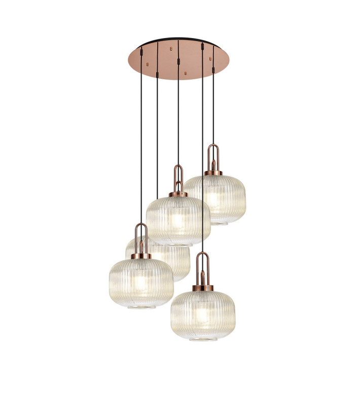 Yorktown 75cm 2.5m Round Pendant 5 x E27 Copper/Matt Black 30cm Pumpkin Shaped Ribbed Champagne Glass-1
