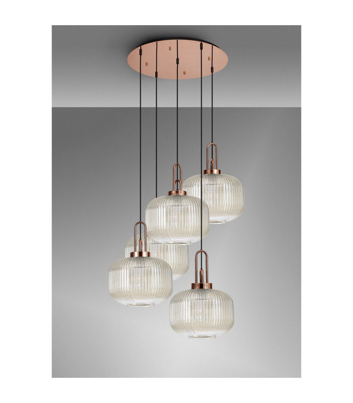 Yorktown 75cm 2.5m Round Pendant 5 x E27 Copper/Matt Black 30cm Pumpkin Shaped Ribbed Champagne Glass-10