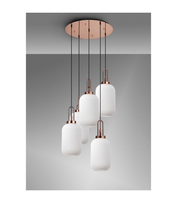 Yorktown 65cm Round 5 Light Pendant 20cm Tubular Ribbed Glass Copper/Matt Black Opal-9