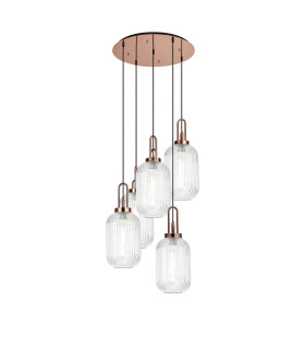 Yorktown 65cm Round 5 Light Pendant 20cm Tubular Ribbed Glass Copper/Matt Black Clear-1