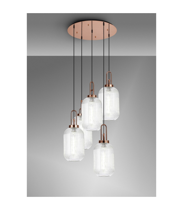 Yorktown 65cm Round 5 Light Pendant 20cm Tubular Ribbed Glass Copper/Matt Black Clear-3