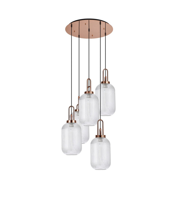 Yorktown 65cm Round 5 Light Pendant 20cm Tubular Ribbed Glass Copper/Matt Black Clear-4