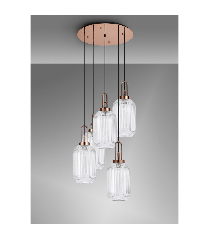 Yorktown 65cm Round 5 Light Pendant 20cm Tubular Ribbed Glass Copper/Matt Black Clear-10