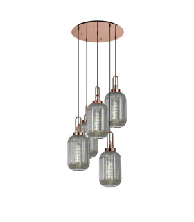 Yorktown 65cm Round 5 Light Pendant 20cm Tubular Ribbed Glass Copper/Matt Black Smoked-1