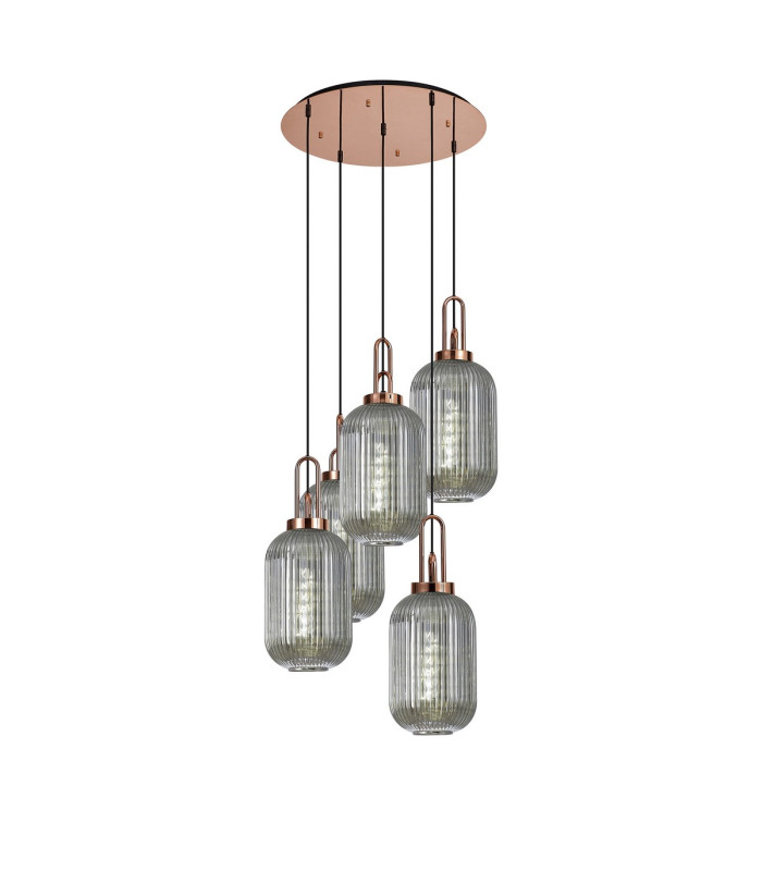 Yorktown 65cm Round 5 Light Pendant 20cm Tubular Ribbed Glass Copper/Matt Black Smoked-1