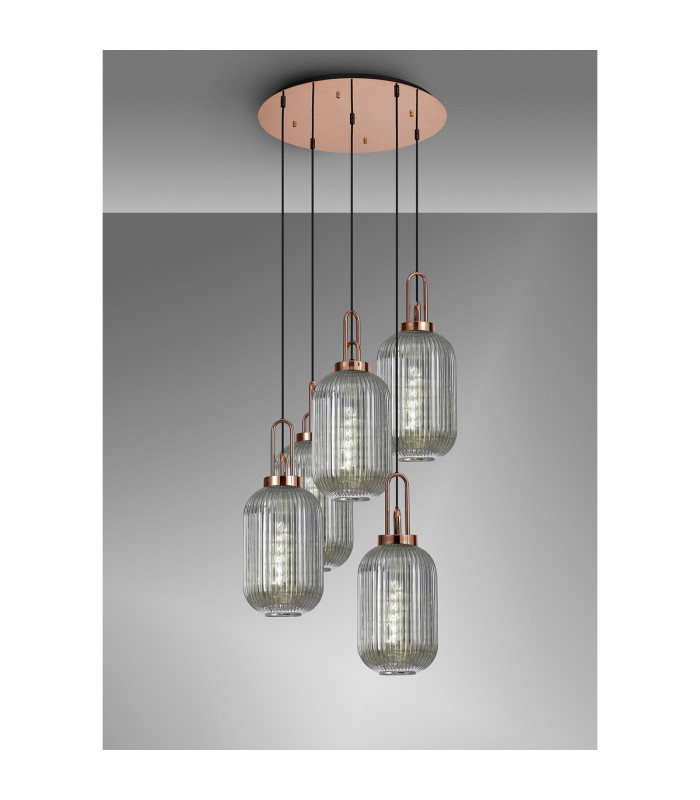 Yorktown 65cm Round 5 Light Pendant 20cm Tubular Ribbed Glass Copper/Matt Black Smoked-3