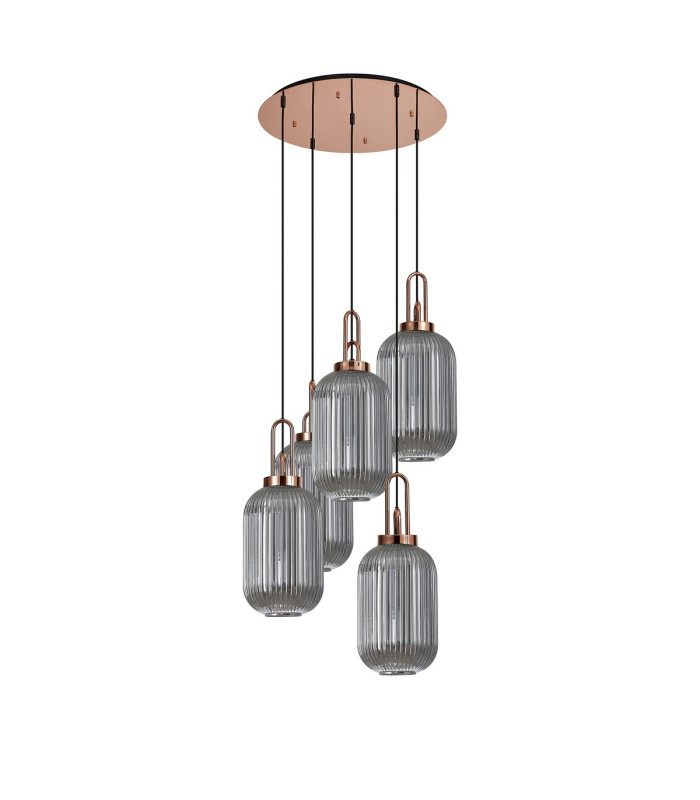 Yorktown 65cm Round 5 Light Pendant 20cm Tubular Ribbed Glass Copper/Matt Black Smoked-4