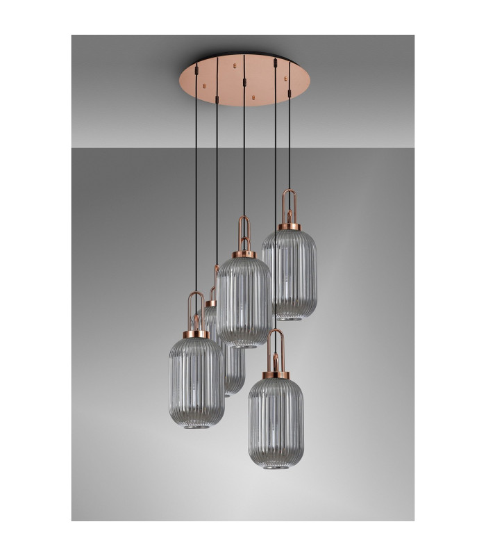 Yorktown 65cm Round 5 Light Pendant 20cm Tubular Ribbed Glass Copper/Matt Black Smoked-10