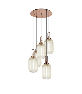 Yorktown 65cm Round 5 Light Pendant 20cm Tubular Ribbed Glass Copper/Matt Black Champagne-1