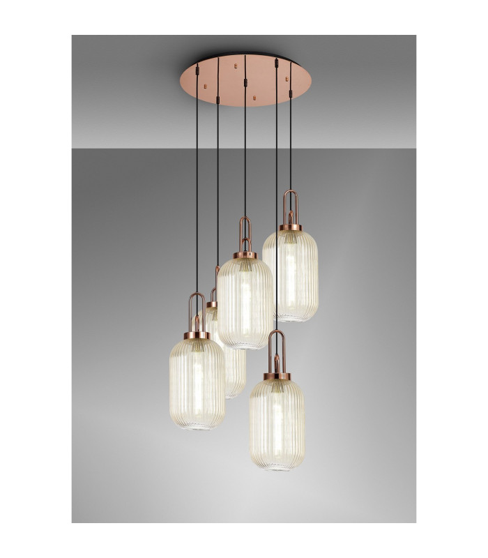Yorktown 65cm Round 5 Light Pendant 20cm Tubular Ribbed Glass Copper/Matt Black Champagne-3