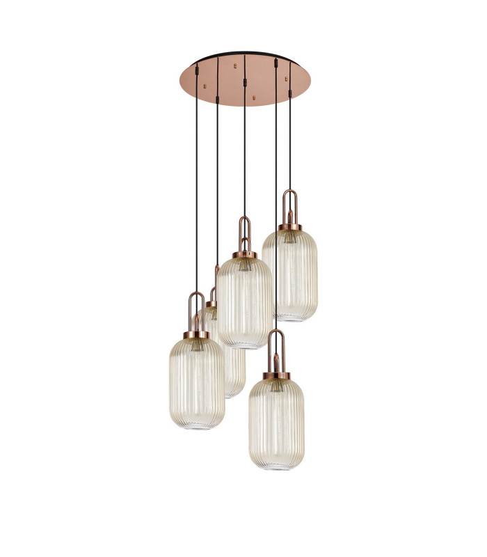 Yorktown 65cm Round 5 Light Pendant 20cm Tubular Ribbed Glass Copper/Matt Black Champagne-4