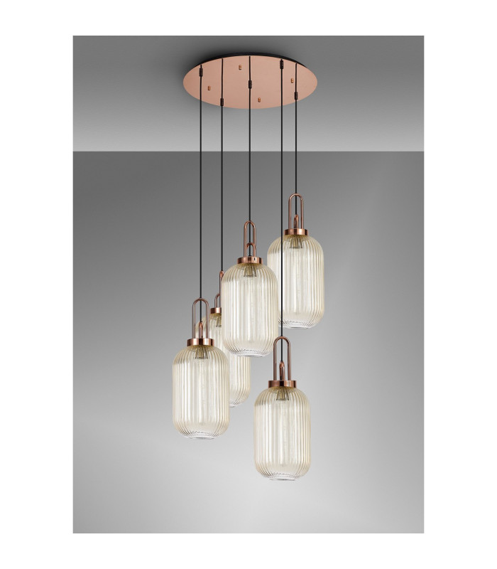Yorktown 65cm Round 5 Light Pendant 20cm Tubular Ribbed Glass Copper/Matt Black Champagne-10