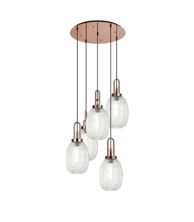 Yorktown 65cm Round 5 Light Pendant 20cm Almond Ribbed Glass Copper/Matt Black Clear-1