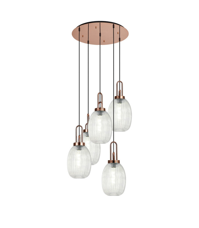 Yorktown 65cm Round 5 Light Pendant 20cm Almond Ribbed Glass Copper/Matt Black Clear-1