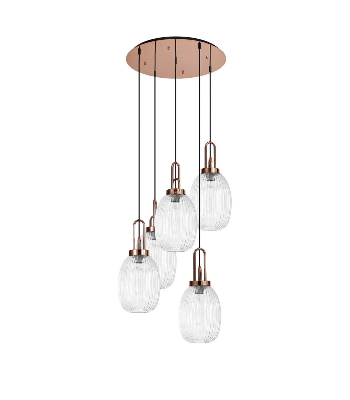 Yorktown 65cm Round 5 Light Pendant 20cm Almond Ribbed Glass Copper/Matt Black Clear-4