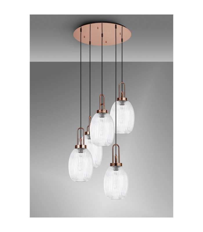 Yorktown 65cm Round 5 Light Pendant 20cm Almond Ribbed Glass Copper/Matt Black Clear-9