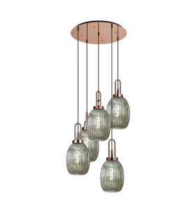 Yorktown 65cm Round 5 Light Pendant 20cm Almond Ribbed Glass Copper/Matt Black Smoked-1