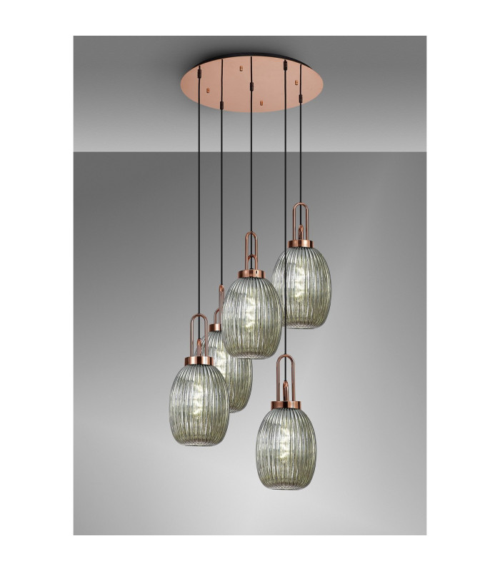 Yorktown 65cm Round 5 Light Pendant 20cm Almond Ribbed Glass Copper/Matt Black Smoked-3