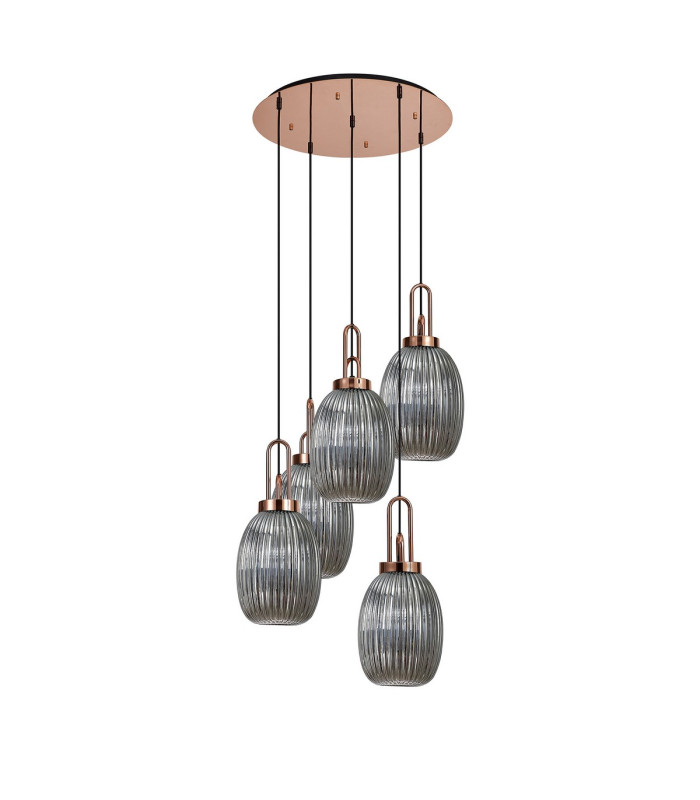 Yorktown 65cm Round 5 Light Pendant 20cm Almond Ribbed Glass Copper/Matt Black Smoked-4
