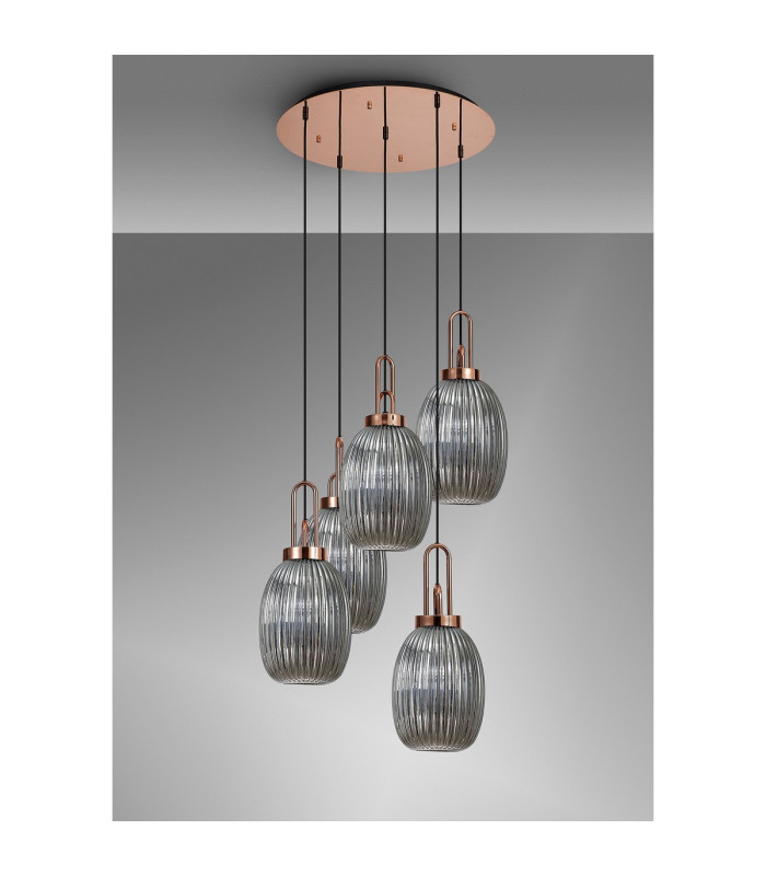 Yorktown 65cm Round 5 Light Pendant 20cm Almond Ribbed Glass Copper/Matt Black Smoked-9
