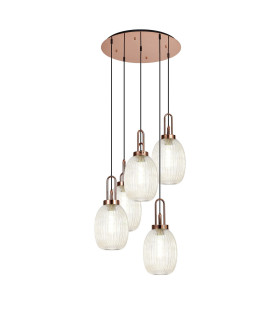 Yorktown 65cm Round 5 Light Pendant 20cm Almond Ribbed Glass Copper/Matt Black Champagne-1