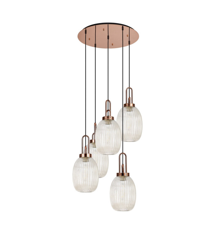 Yorktown 65cm Round 5 Light Pendant 20cm Almond Ribbed Glass Copper/Matt Black Champagne-4