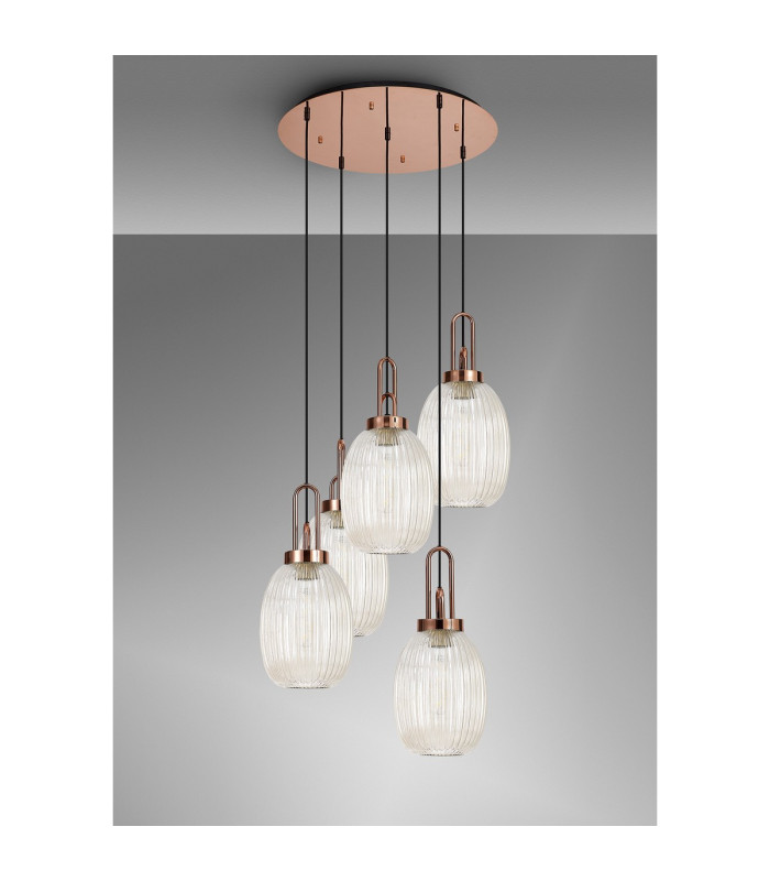 Yorktown 65cm Round 5 Light Pendant 20cm Almond Ribbed Glass Copper/Matt Black Champagne-10