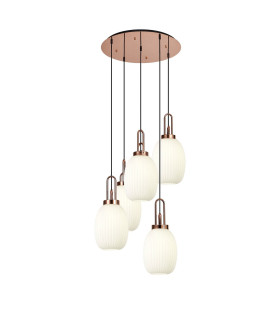 Yorktown 65cm Round 5 Light Pendant 20cm Almond Ribbed Glass Copper/Matt Black Opal-1