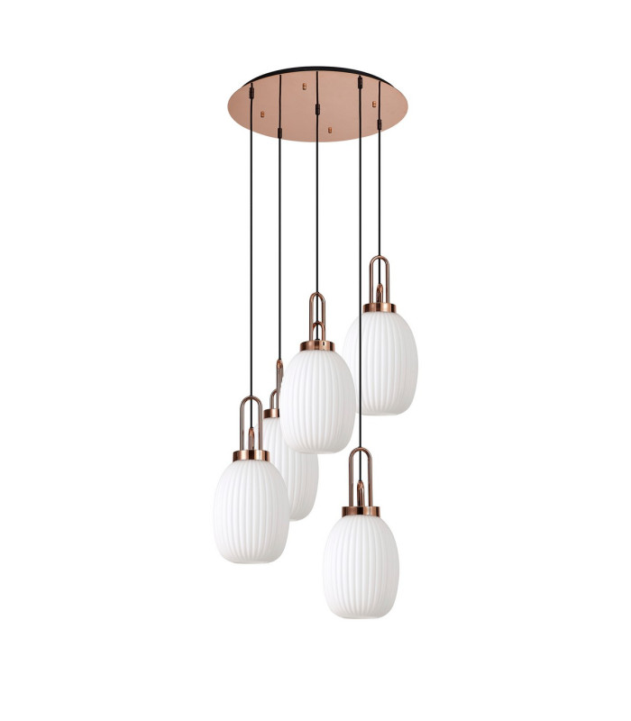 Yorktown 65cm Round 5 Light Pendant 20cm Almond Ribbed Glass Copper/Matt Black Opal-4