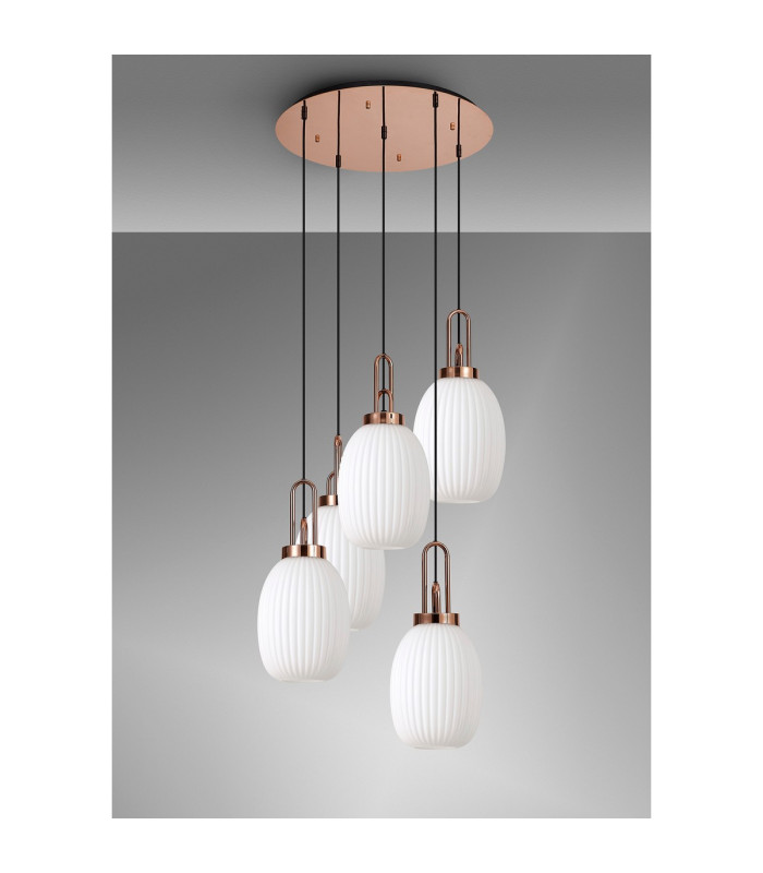 Yorktown 65cm Round 5 Light Pendant 20cm Almond Ribbed Glass Copper/Matt Black Opal-9