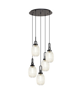 Yorktown 65cm Round 5 Light Pendant 20cm Almond Ribbed Glass Matt Black/Matt Black Champagne-1