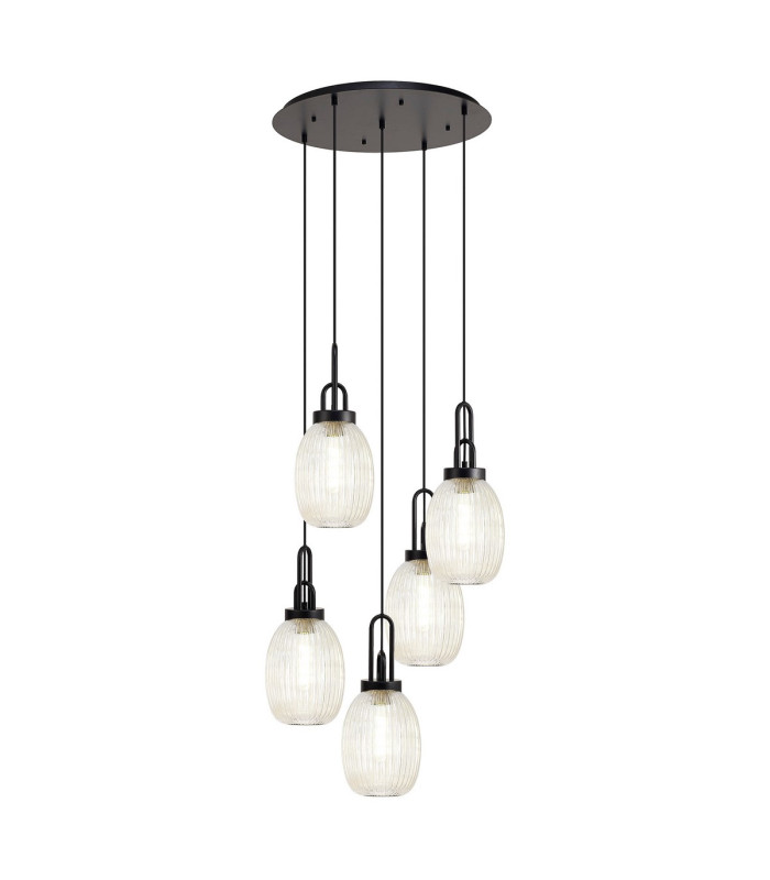 Yorktown 65cm Round 5 Light Pendant 20cm Almond Ribbed Glass Matt Black/Matt Black Champagne-1
