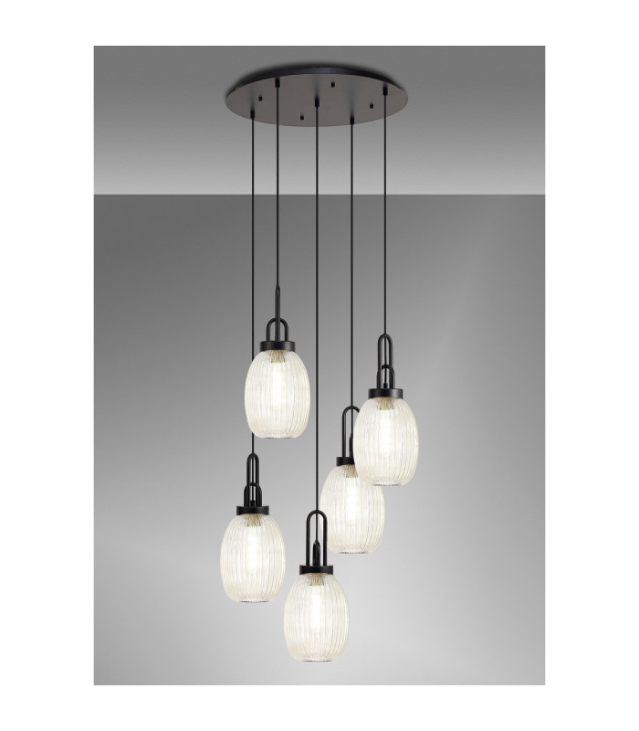 Yorktown 65cm Round 5 Light Pendant 20cm Almond Ribbed Glass Matt Black/Matt Black Champagne-3