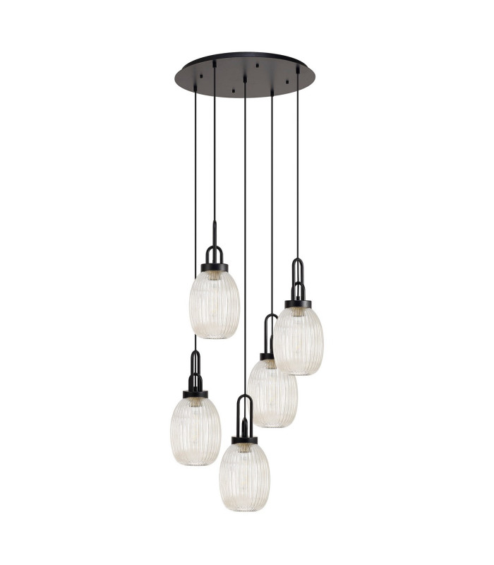 Yorktown 65cm Round 5 Light Pendant 20cm Almond Ribbed Glass Matt Black/Matt Black Champagne-4