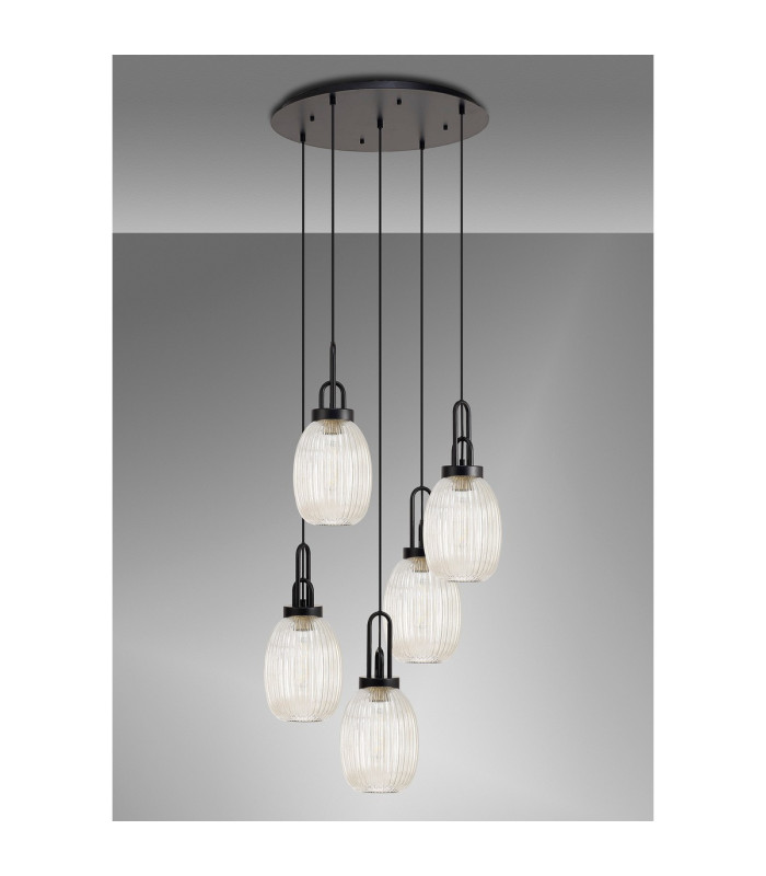 Yorktown 65cm Round 5 Light Pendant 20cm Almond Ribbed Glass Matt Black/Matt Black Champagne-10